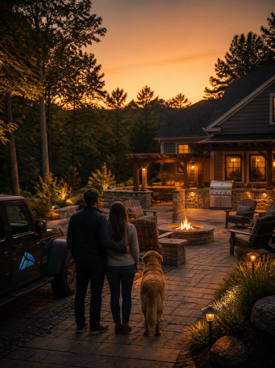 Ed and Brittany with their dog beside the QT Jeep, looking out over a finished New England paver patio with fire pit and outdoor kitchen